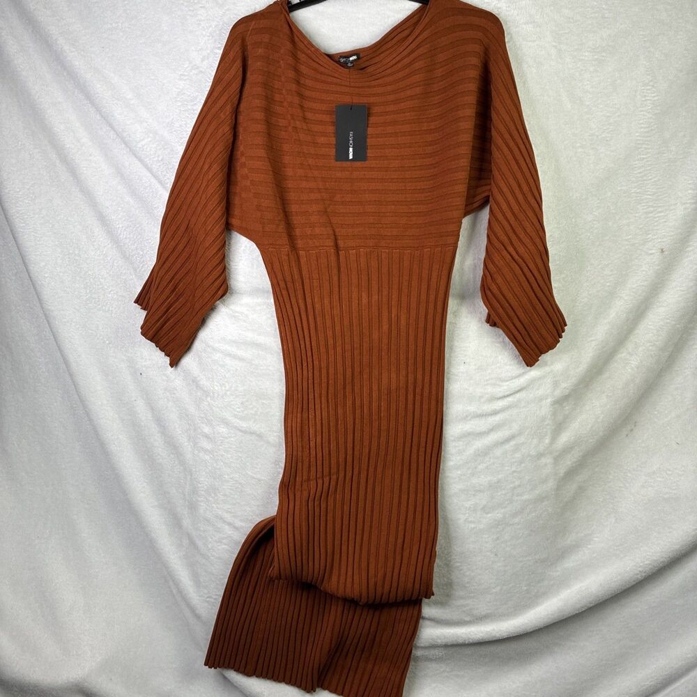Fashion Nova Heather Sweater Midi Dress XL Cognac Brown Off Shoulder NWT